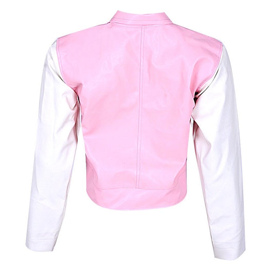 Two-Tone Zip Detail Leather Jacket – Pink & White
