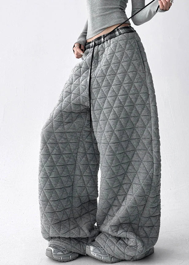 Grey Pockets Cotton Filled Wide Leg Pants Elastic Waist