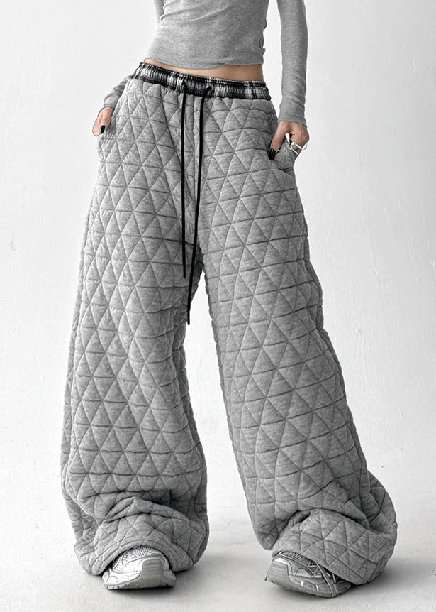 Grey Pockets Cotton Filled Wide Leg Pants Elastic Waist