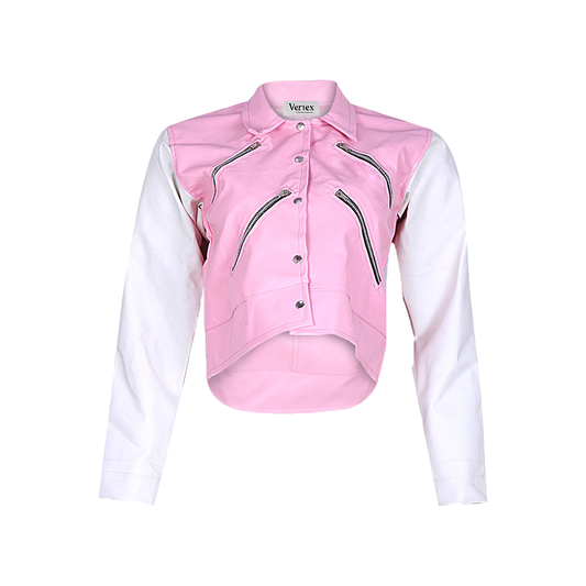 Two-Tone Zip Detail Leather Jacket – Pink & White