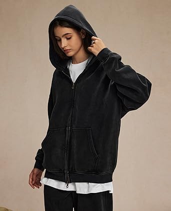 Stone Wash Zip Up Hoodies Long Sleeve